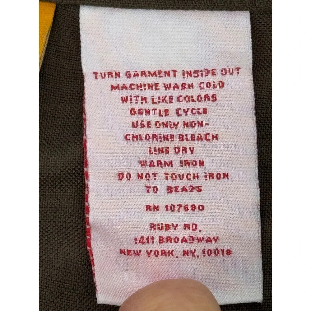 Ruby Rd Womens Sz 8 Linen Blend Pants Olive Brown Beaded Floral Hem Straight Leg